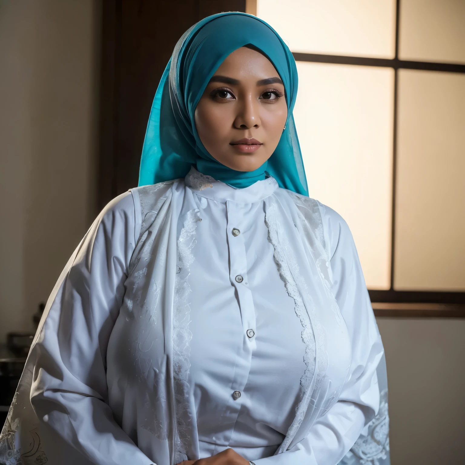 (Best quality, 8k, masterpiece: 1.3), 33 Years old, a hijab Indonesian milf woman with perfect figure: 1.4, dark brown hair, wearing a pendant, wearing an apron, in the kitchen, highly detailed face and skin, detailed eyes, double eyelids, big breasts, standing near kitchen table, full body