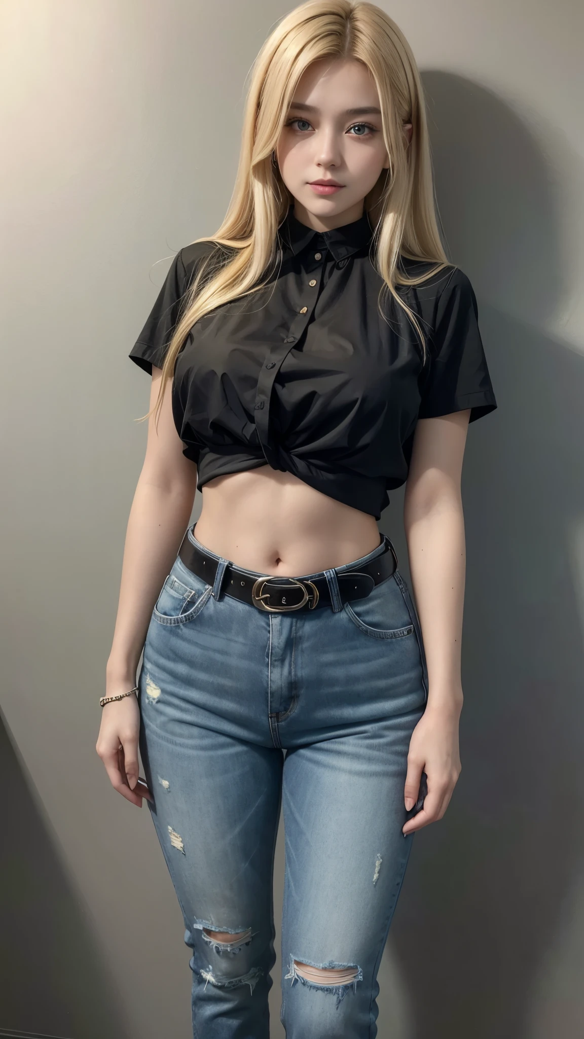 Beautiful 20-year-old girl with honey blonde hair wearing a black blouse and high-waisted jeans with a belt showing her belly button