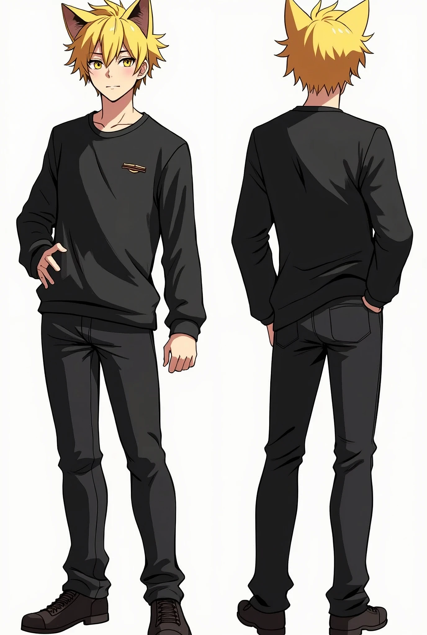 High quality illustrations, male,Cat-eared ager, three views, Front and sides and back, Character Sheet, Character Design, Various expressions, masterpiece、(Highest quality)、((Cool fashion in black))、((Long sleeve and long pants style))、((Makes your face smaller))、The body is slim、((Yellow Eyes))、((10 poses and facial expressions))、Anime characters