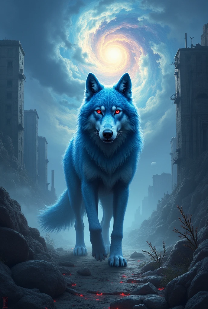 A blue wolf with red eyes guiding the end of the world 

