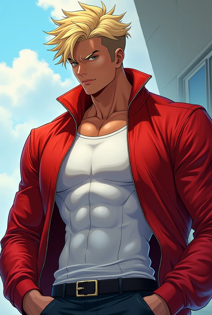 Anime drawings and full-body drawings、Dark skinned、He has a slim muscular body and wears a tank top and a red jacket.、Blonde