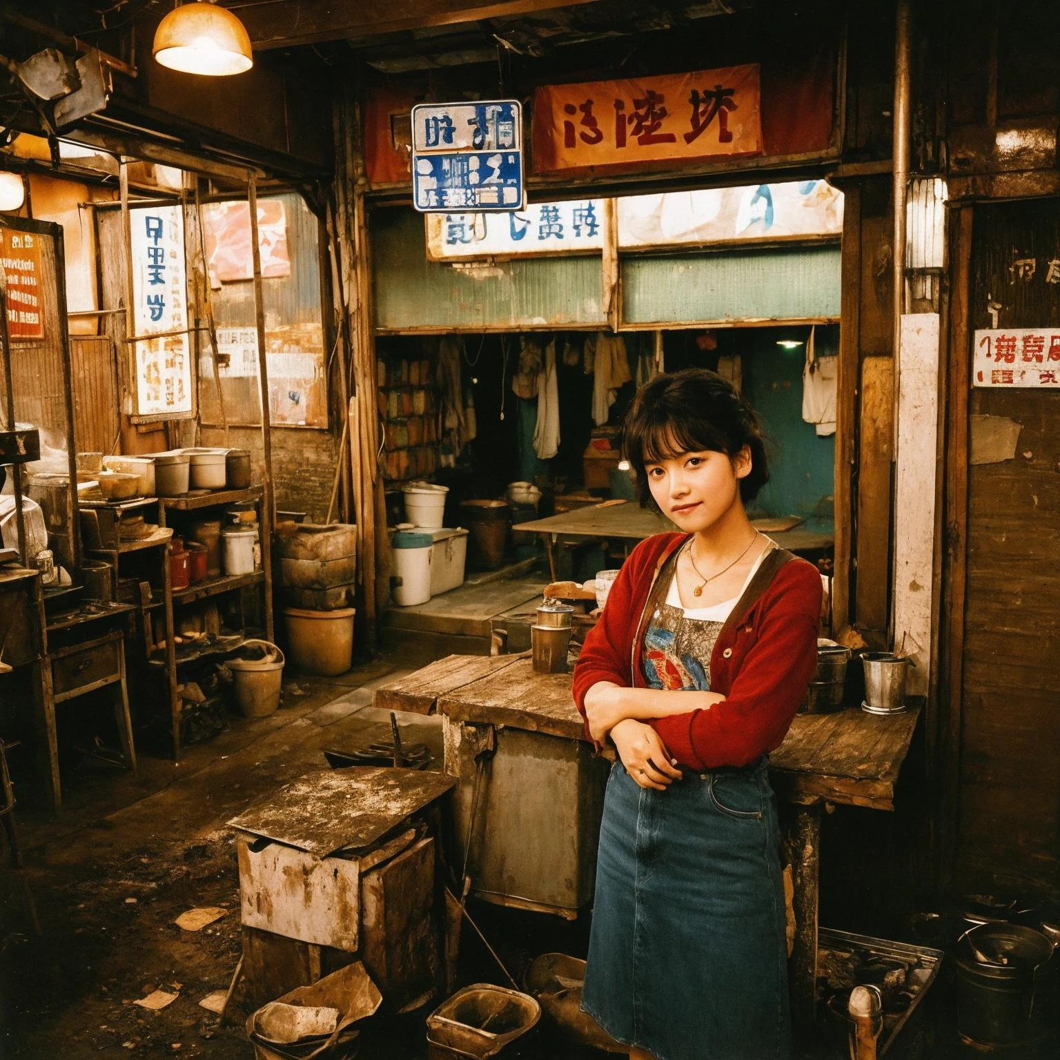 ((masterpiece、Highest quality))、Poor conditions、Japan 1980s, Dirty Standing Tavern、Old and dirty store, Unsanitary and dirty downtown Tokyo, Japan Streets, Cute girl working at the store、Poor workers、Rusted corrugated iron, Unhygienic restaurant, in the Tokyo cityscape, Kodachrome : : 8k yen, Vintage Photography, Printed matter from the 1970s
