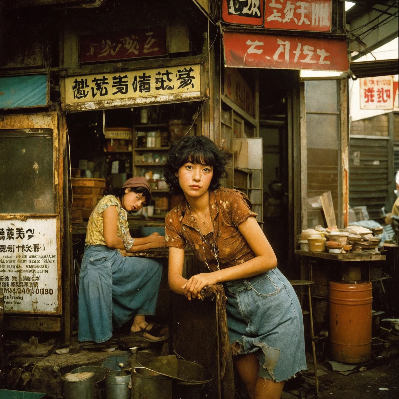 ((masterpiece、Highest quality))、Poor conditions、Japan 1980s, Dirty Standing Tavern、Old and dirty store, Unsanitary and dirty downtown Tokyo, Japan Streets, Cute girl working at the store、Poor workers、Rusted corrugated iron, Unhygienic restaurant, in the Tokyo cityscape, Kodachrome : : 8k yen, Vintage Photography, Printed matter from the 1970s