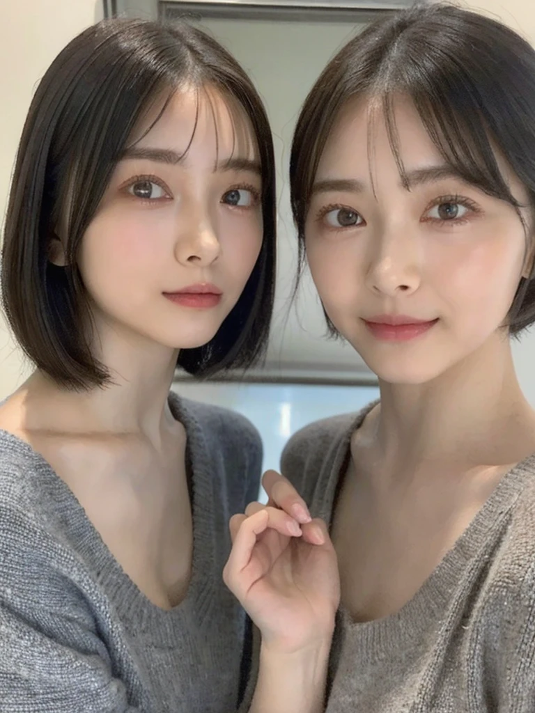 (masterpiece:1.3), (8k, Photoreal, Raw photo, best image quality: 1.4), Japanese high school girl、(random hairstyle:1.2)、cleavage:1.5、super detail face、eye for details、double eyelid、chest to chest、sharp focus:1.2、Beautiful woman:1.4、light brown hair、highest quality、masterpiece、超A high resolution、(Photoreal:1.4)、Highly detailed and professionally lit smiles、loose and light knitwear、shoulder out、thin、serious expression、short haired、deadly position
similar identical twins
All the girls have the exact same face, The two have the same face and figure, as if they were mirror images.