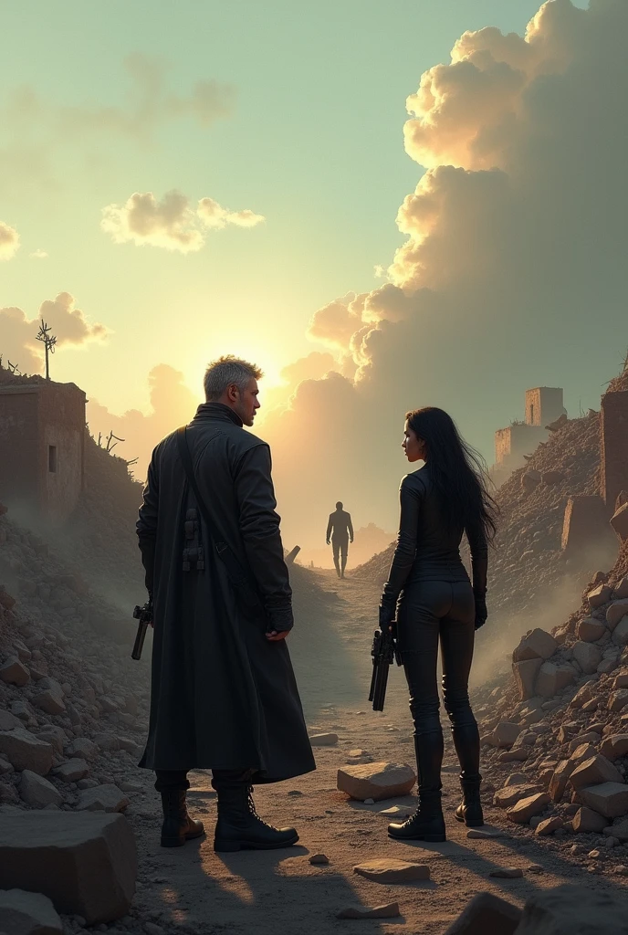 Prompt 7: The Aftermath
Scene:
After the final battle, Master and Judas Cain stand among the ruins. In the distance, Piraña walks away, fading into the horizon. The sky clears.

Setting:
Hill covered in rubble, first sunlight breaking through clouds. Quiet, somber mood, finality in the air.

Characters:

Master: Veteran soldier, scarred, gray-streaked dark hair, weary but determined.
Judas Cain: Younger, blond, stubbled, sharp-eyed, always alert.
Piraña: Beautiful, lethal, long dark hair, sleek black tactical outfit, seductive and calculating.
Aesthetic References:
Blade Runner, Memories: Magnetic Rose, Jin-Roh. Emotional weight, tragic beauty, desolate landscape.