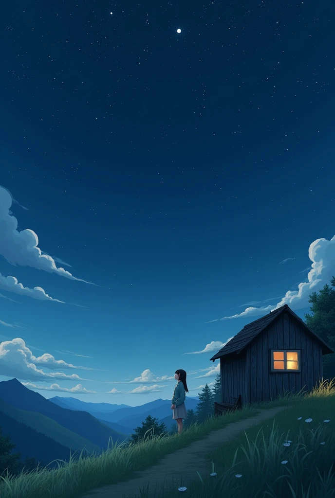 An afternoon sky full of stars in the countryside halfway up the mountain with a small wooden house on the side and an adult zero two without horns looking up near the small wooden house