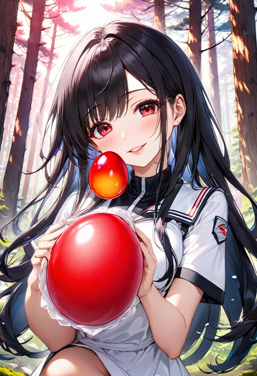 (Mountain Explorer style) (double exposure pastel color), (hand holding a detailed Penis Shape red egg mushroom), Smell the scent it, (solo:2, 18 yo) (detailed beautiful hime cut:1.3) (beautiful sexy black hair very long hair) (beautiful sexy sadist girl) (detailed cool sexy red eyes) (best ecstasy smile, glossy lip) (big tits), break, Do not take off in a summer Speculator uniform, break, in the beautiful Pine forest, BREAK, perfect anatomy, masterpiece, best quality, 16k, beautiful detailed grow, daydreaming expression.