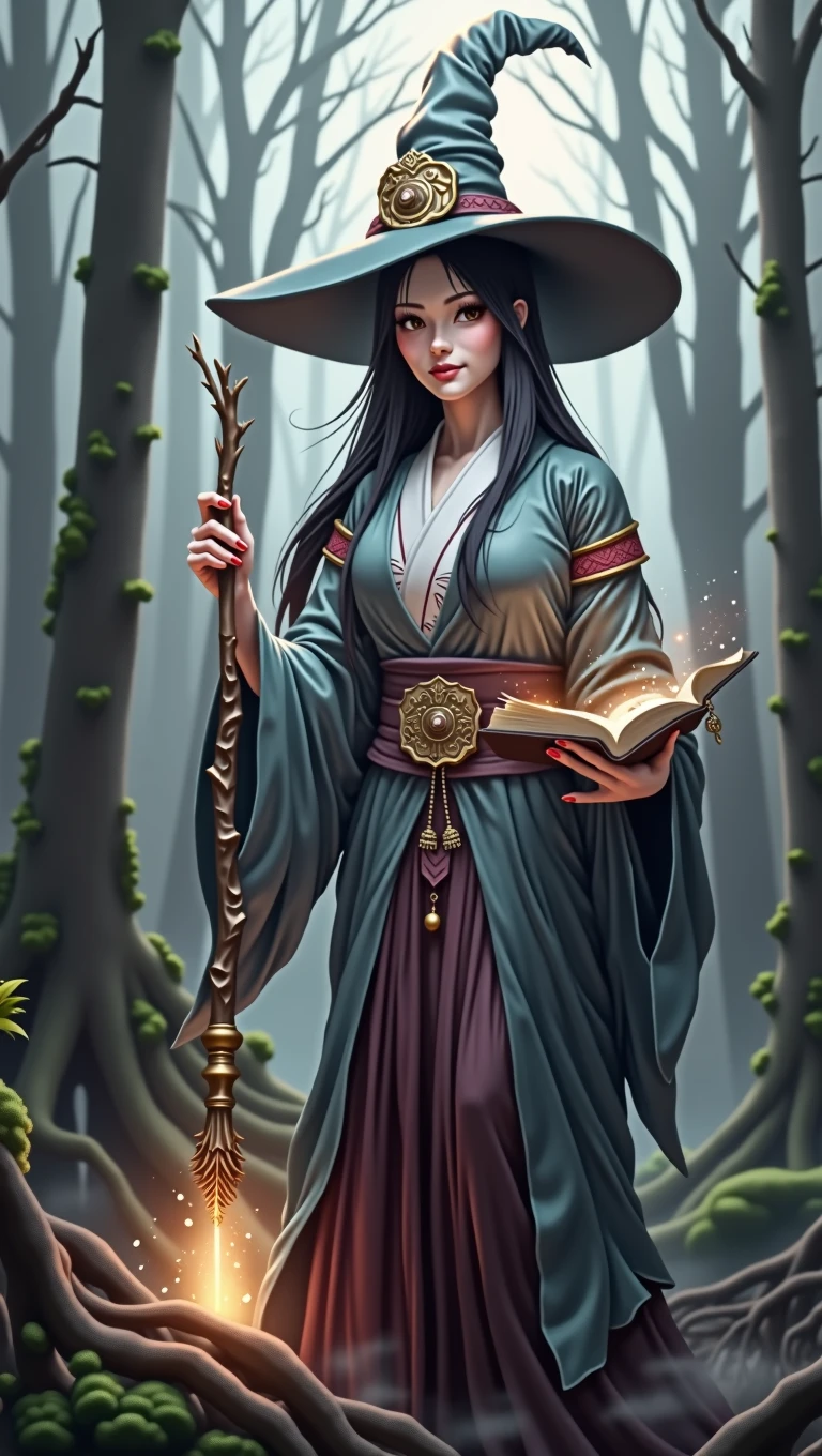 A Japanese witch holding a wand and performing magic and in the other hand a grimoire, she is in a misty forest. Reality. Hyper Realist 