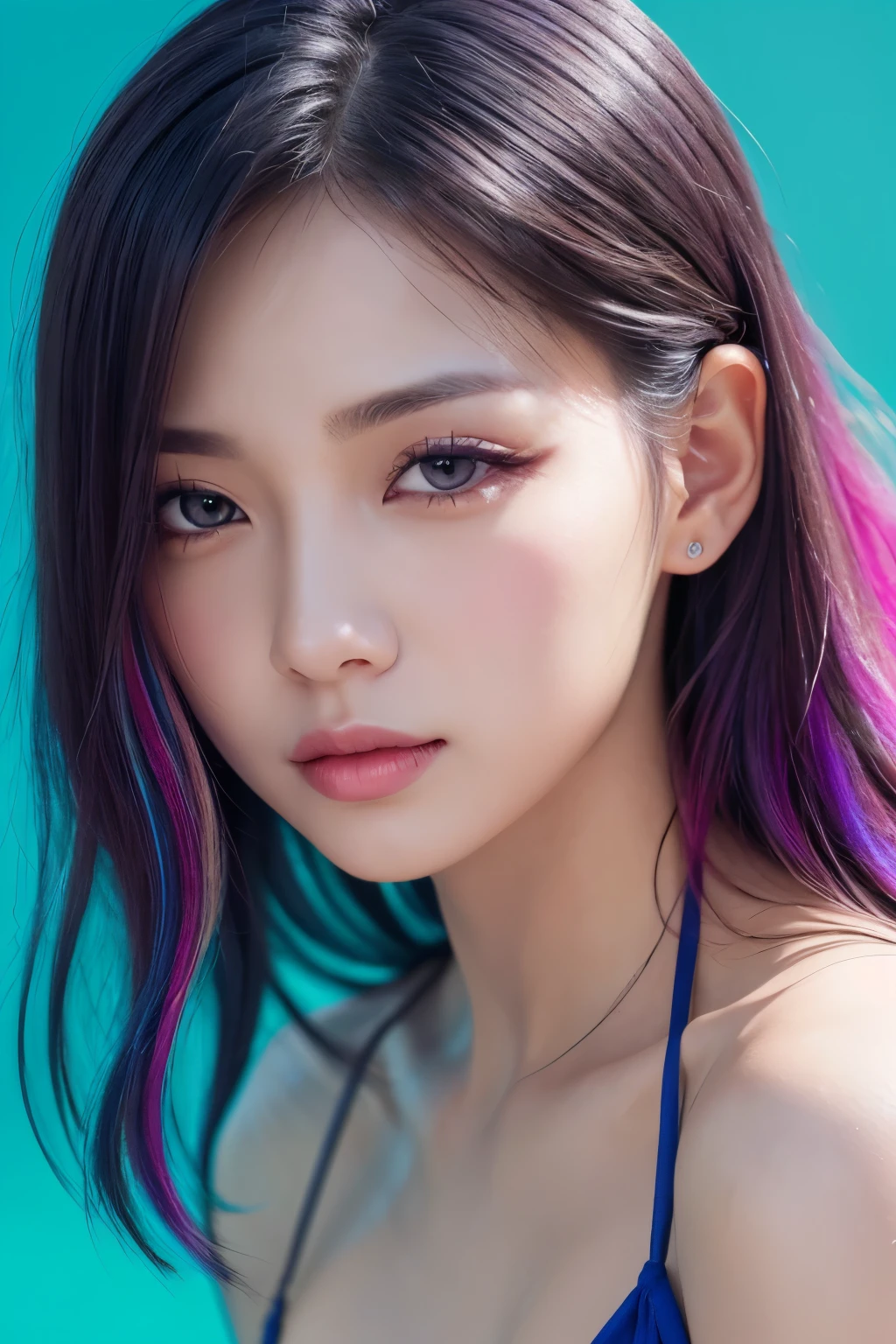 high quality, real、High resolution, Realistic、8k、masterpiece, detailed.impressive, Cutting-edge female photography portraits, Mini Bikini、Gentle expression、Mid Shot、Looking at the camera、Facing forward、cyan, and purple, Her vibrant makeup really catches the eye.. Her colorful hair is tied up high、Various hair colors