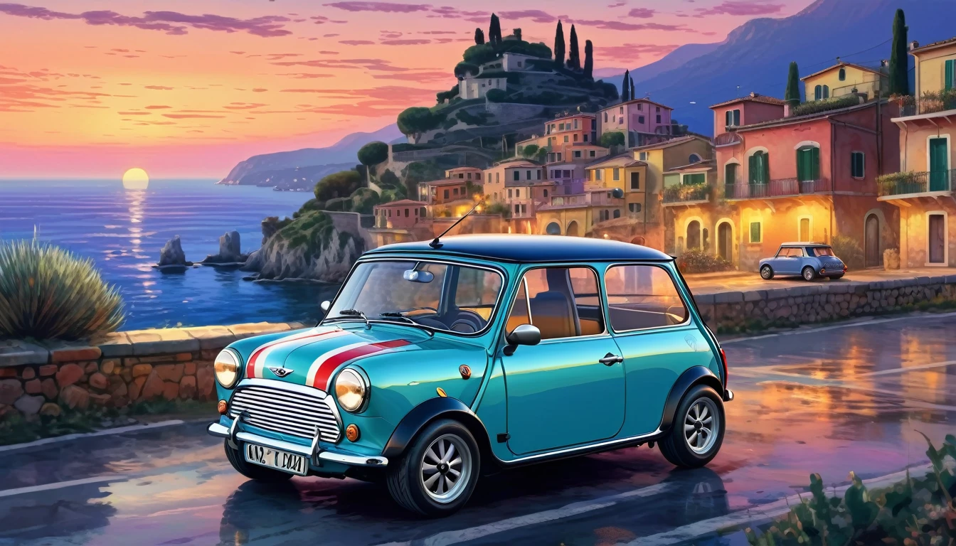 Historical masterpieces,Italian coast at dusk,A picture of a Mini Cooper parked on the road, Beautiful artwork, OutRun art style, Beautiful digital art, Great art style, Retro style, Landscape Background,, Highly detailed digital painting,Watercolor style, super Realistic painting style, Detailed 4K painting, Realistic painting style, Awesome Wallpapers