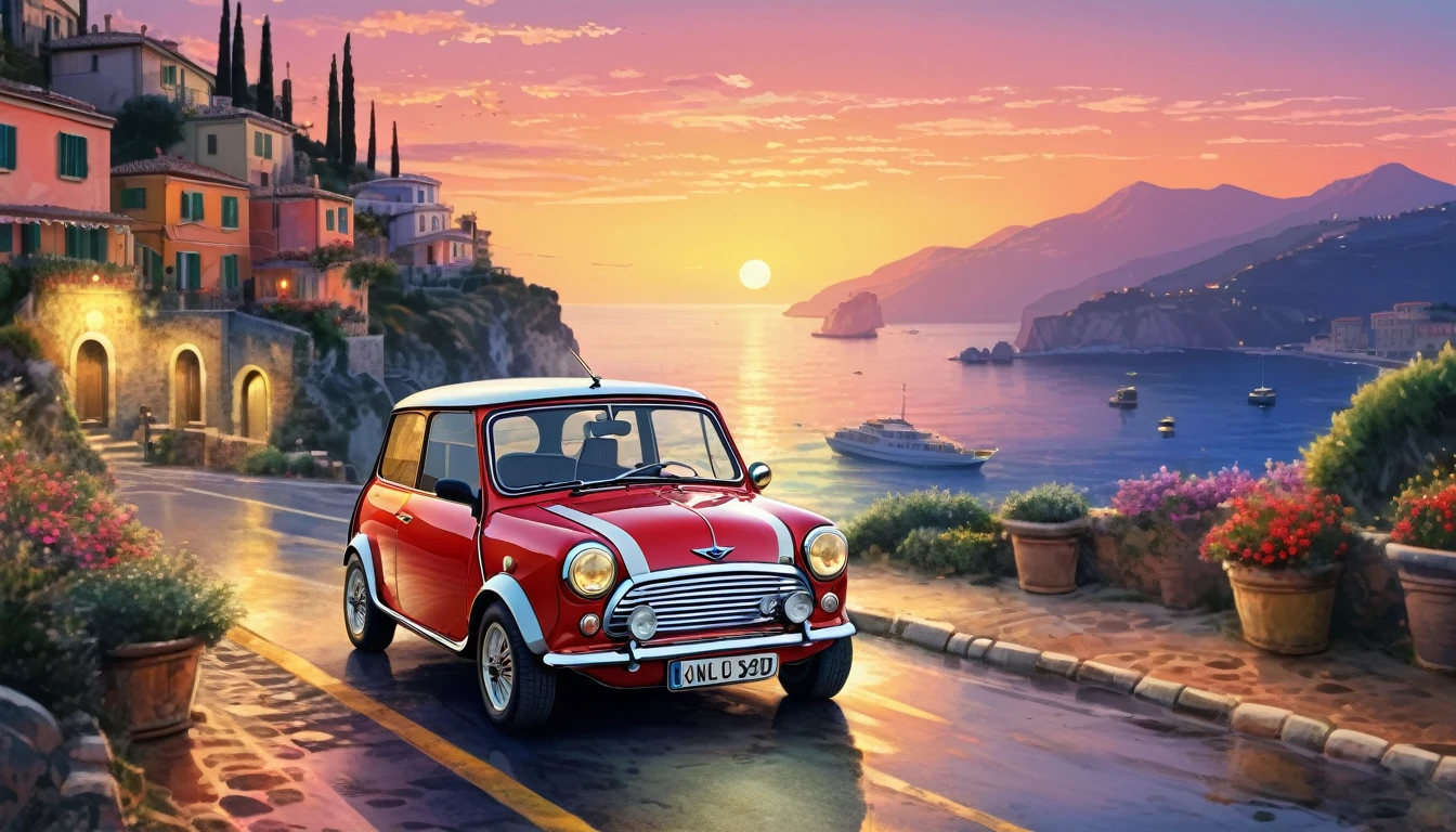 Historical masterpieces,Italian coast at dusk,A picture of a Mini Cooper parked on the road, Beautiful artwork, OutRun art style, Beautiful digital art, Great art style, Retro style, Landscape Background,, Highly detailed digital painting,Watercolor style, super Realistic painting style, Detailed 4K painting, Realistic painting style, Awesome Wallpapers