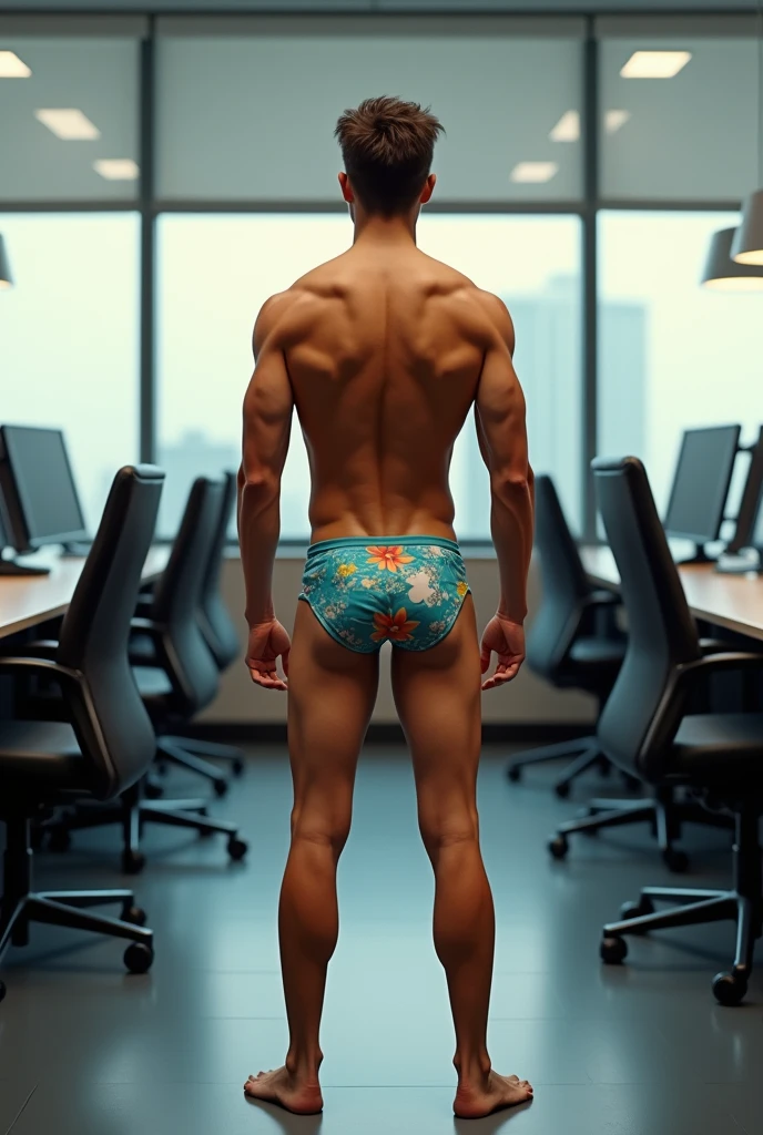 Young man in speedos from behind, at the office