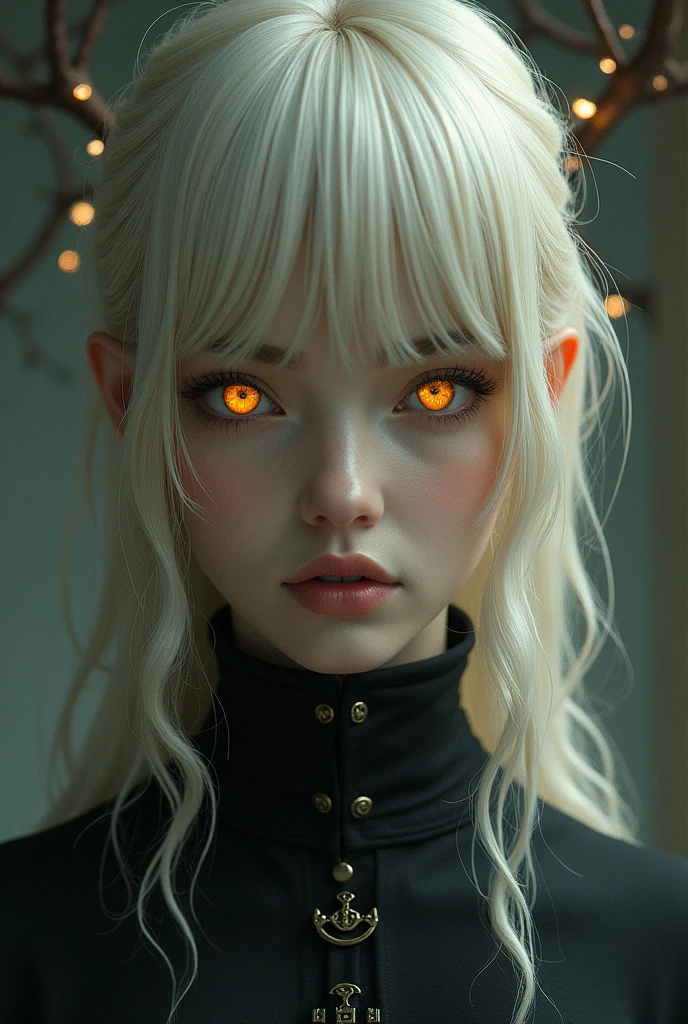 Make me inspired by Death Note: Woman, with white hair, fair skin and golden eyes