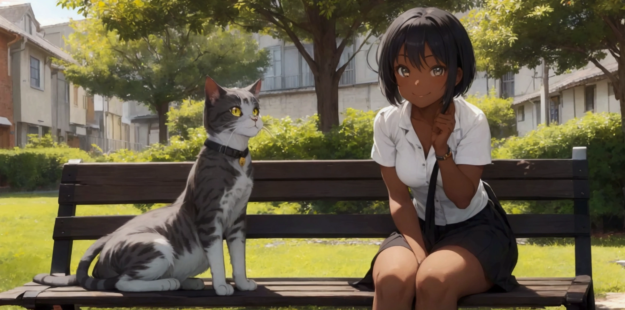 adventurer, 2cat, dark skin, short hair,gray hair, bench, sitting, outdoors,smile