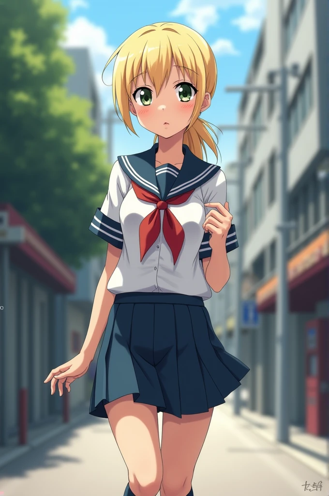 A blonde girl in schoolgirl clothes who is late, She doesn't have much patience and she's not very calm either., but she takes the time to talk to me