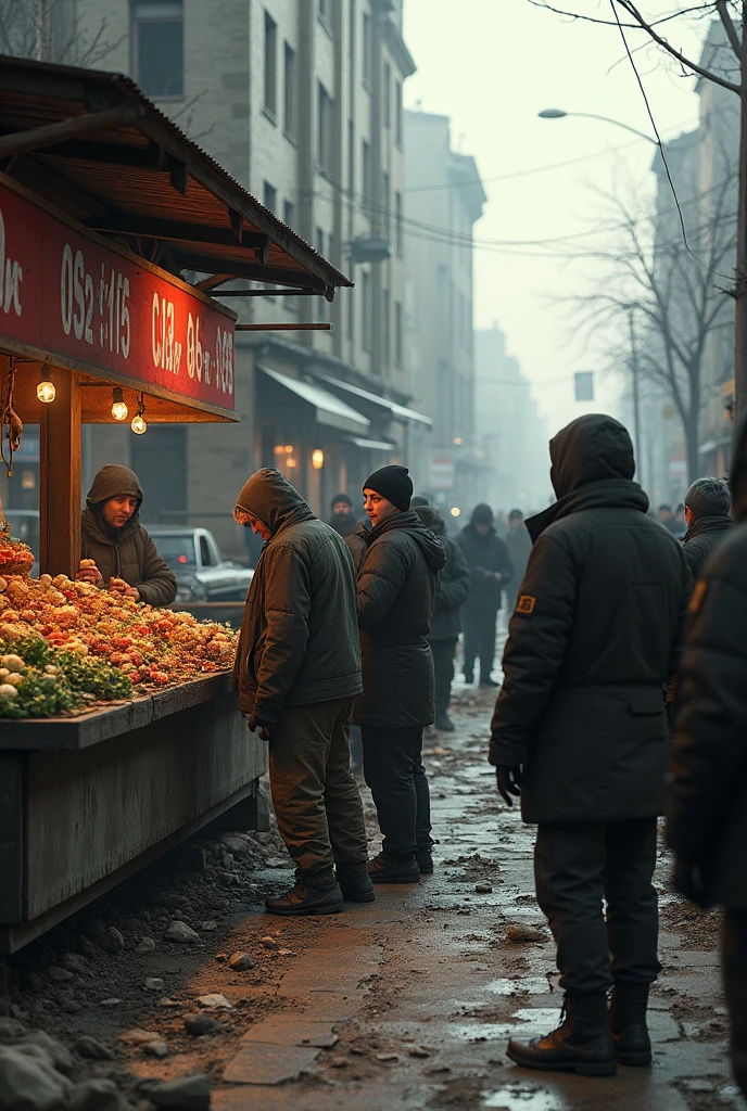 create a realistic image of devastated Ukrainian area, with food at absurd prices due to scarcity