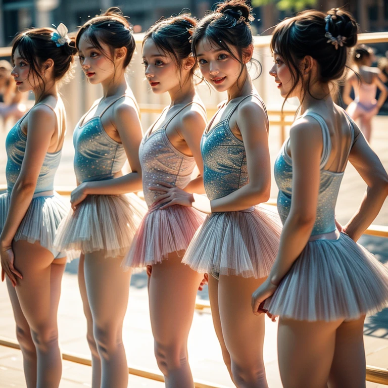 SFW, ExtremelyDetailed (((Kawaii Ballet Girls Group in a row:1.4))), Childish perfect face, Reflective Eyes, Detailed(Delicate Clothing textures), Corrected Leg to Foot Line, Corrected Childish Hand, Dynamic Joyful Expressions LifeLike Rendering, ((Specular Reflection:0.8)), TopQuality 8K Ultra-detailed masterpiece (ProfessionalPhoto:1.37)(Acutance:0.8),(Luminism:1.28), Tyndall Effect, (Muscle:-0.5), facing away (from side ) (Beautiful hip line clearly visible)