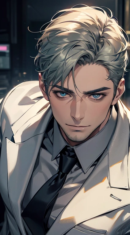 (best quality,4k,8k,highres,masterpiece:1.2),ultra-detailed,(realistic,photorealistic,photo-realistic:1.37),1 man,31 years old,mature man,very handsome,without expression,smile,short grey green hair,blue eyes,penetrating gaze,perfect face without errors,imposing posture,businessman,office background,cinematic lighting,hdr image