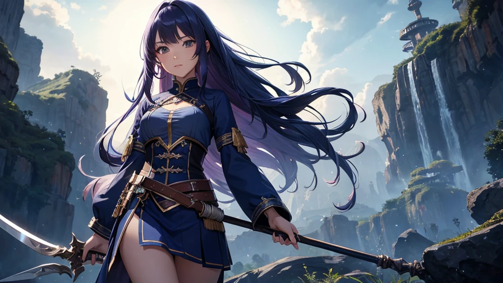 Ultra detailed, 4K, HD, FHD, Fantasy, dynasty, anime girl, indigo hair, long hair, spear, dinasty outfit.