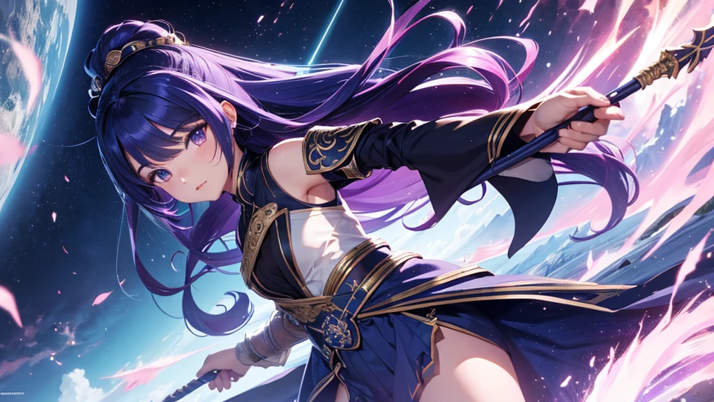 Ultra detailed, 4K, HD, FHD, Fantasy, dynasty, anime girl, indigo hair, long hair, spear, dinasty outfit.