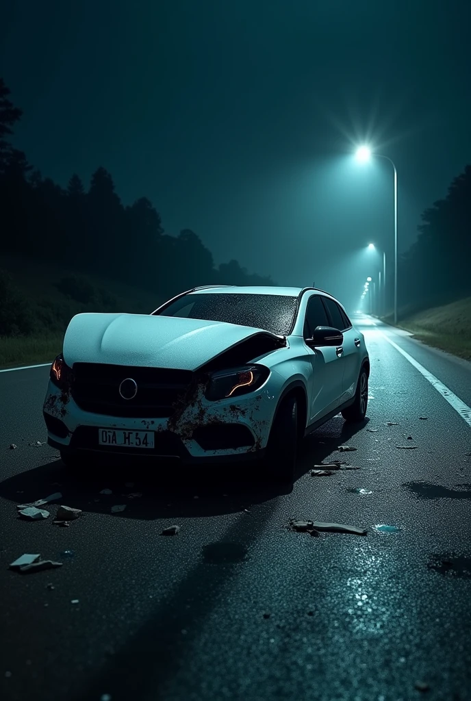 A white onyx, Brazilian hatchback model crashed on a highway at night 
