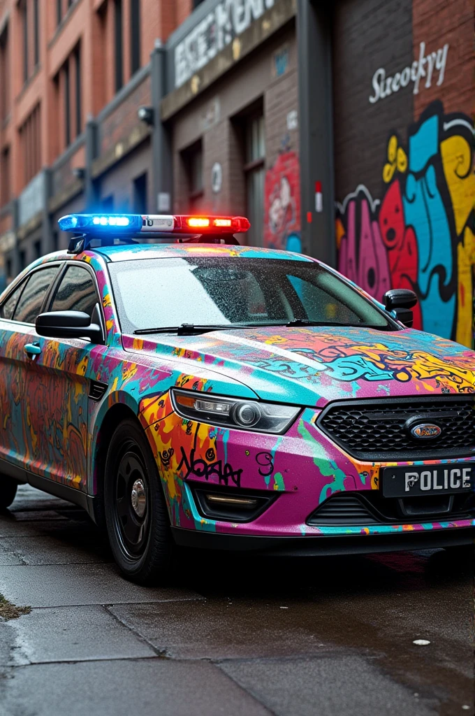 Colorful graffiti on a police patrol car 