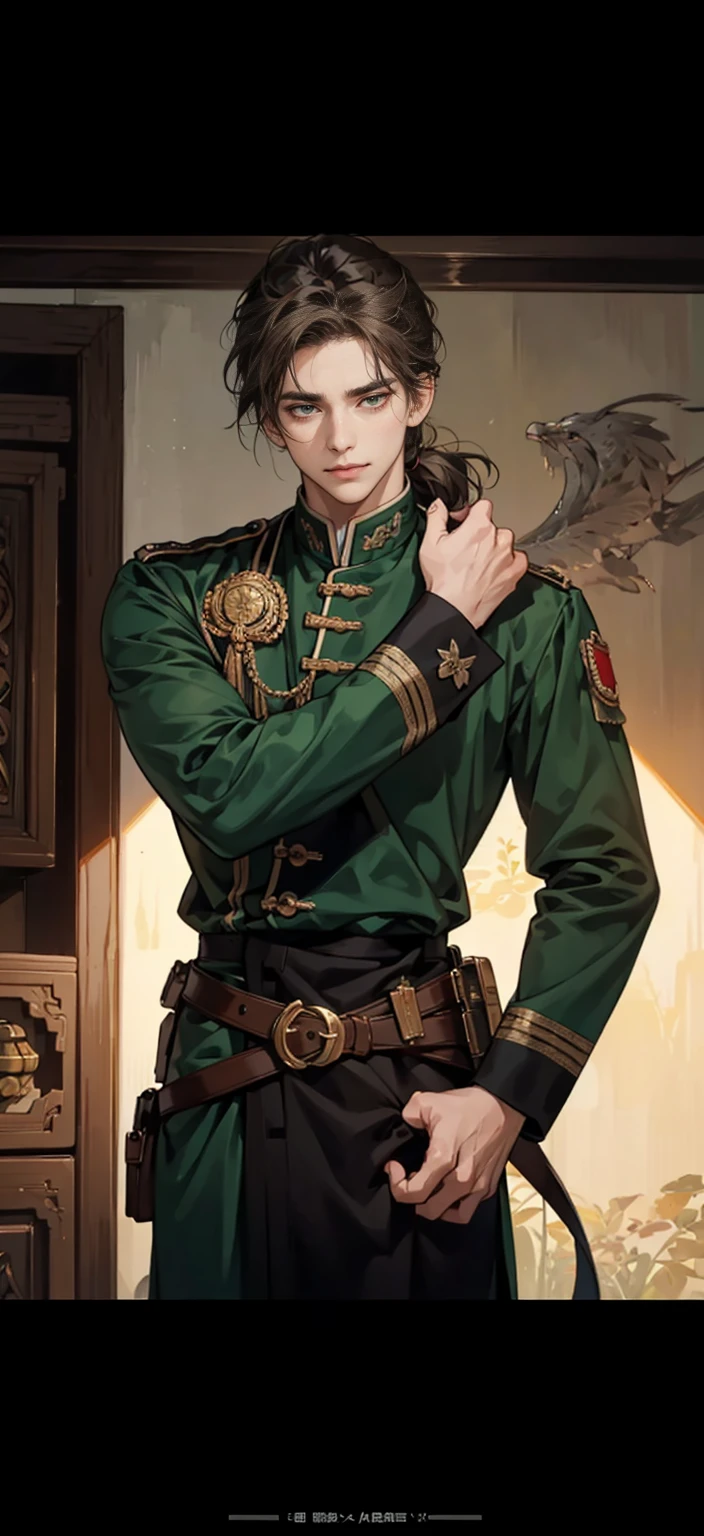 male、good looking、masterpiece、knight、soldier、Emerald green、Light brown hair、Wavy Hair、Hair up to the neck、Not too long hair、Cool look、A balanced body、anime調、anime、40 years old、Thin beard、mature、Staying calm、astringent、Thin beard、male前、maleらしい、Image above the chest、Highest quality、Character Design、Not young、Western、A little smile、Western style、Western-style clothing、Black military uniform、soldier、Europe、antique、uncle、Old man、中年male性、Medium Hair、Medium Bob、Astringent atmosphere、Lowered hair、Sadness、High resolution、Little wrinkles