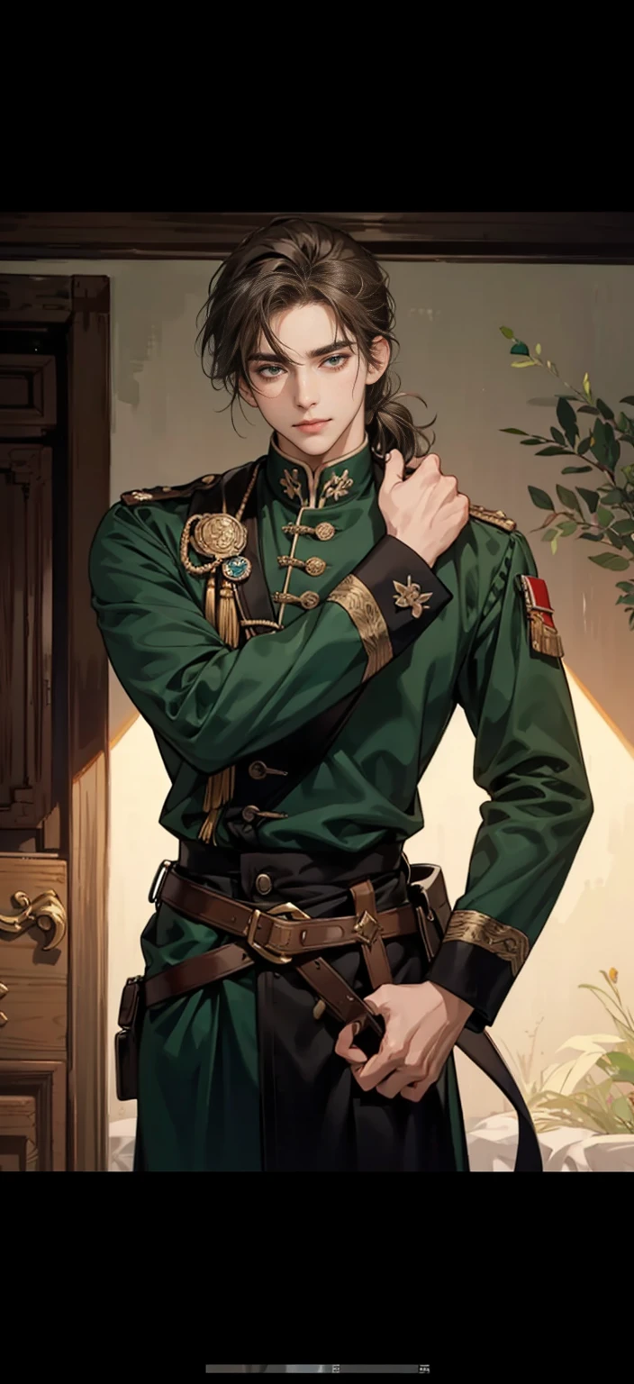 male、good looking、masterpiece、knight、soldier、Emerald green、Light brown hair、Wavy Hair、Hair up to the neck、Not too long hair、Cool look、A balanced body、anime調、anime、40 years old、Thin beard、mature、Staying calm、astringent、Thin beard、male前、maleらしい、Image above the chest、Highest quality、Character Design、Not young、Western、A little smile、Western style、Western-style clothing、Black military uniform、soldier、Europe、antique、uncle、Old man、中年male性、Medium Hair、Medium Bob、Astringent atmosphere、Lowered hair、Sadness、High resolution、Little wrinkles