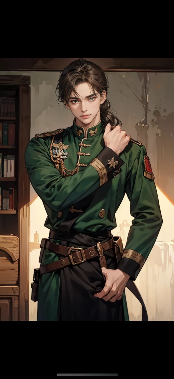 male、good looking、masterpiece、knight、soldier、Emerald green、Light brown hair、Wavy Hair、Hair up to the neck、Not too long hair、Cool look、A balanced body、anime調、anime、40 years old、Thin beard、mature、Staying calm、astringent、Thin beard、male前、maleらしい、Image above the chest、Highest quality、Character Design、Not young、Western、A little smile、Western style、Western-style clothing、Black military uniform、soldier、Europe、antique、uncle、Old man、中年male性、Medium Hair、Medium Bob、Astringent atmosphere、Lowered hair、Sadness、High resolution、Little wrinkles