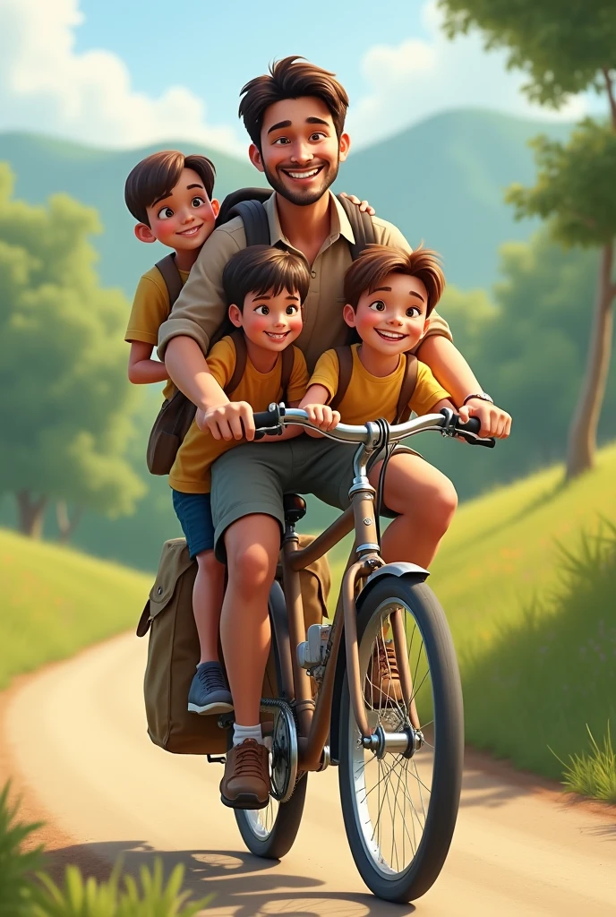 3 children and their father riding a bike