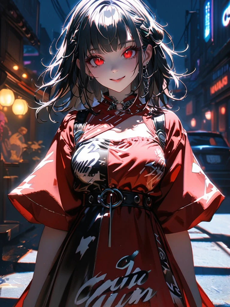 1 girl, chromatic aberration, Written boundary depth, Soft Light, masterpiece, Highest quality, complicated, Tone Mapping, A place where fireworks are set off at festivals. Concept Art, Smooth, Clear focus, Dramatic lighting, Very cinematic, super practical painting, アートステーション's trending, 8k, Incredible Shadows, practical,  whole body, View, Viewers, Portrait of a Girl 1, standing on street corner, Heavy rain and lightning、Dark Sky, neon and cyber punk background, she is dressed in punk clothing with silver chains and silver spikes, Her hair was dyed a bright black color..........Ominous aura of light, smile, punk, ciber punk, Backlight.Fashionable clothes、Friendly dress code:Red yukata.My breasts are a little big.Beautiful red eyes