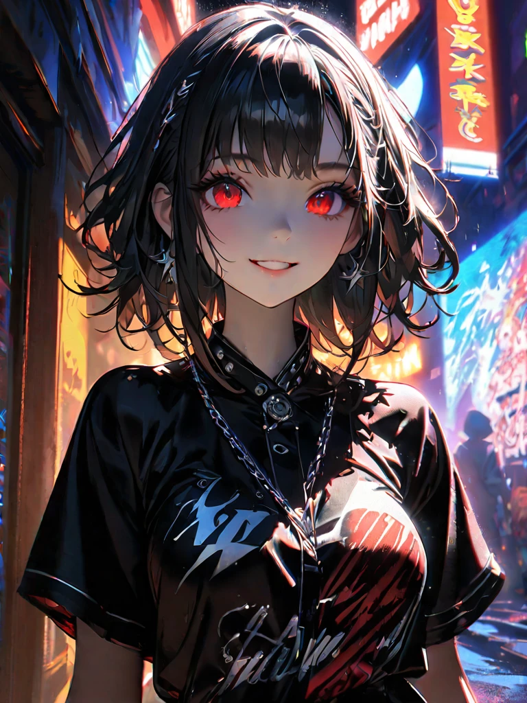 1 girl, chromatic aberration, Written boundary depth, Soft Light, masterpiece, Highest quality, complicated, Tone Mapping, A place where fireworks are set off at festivals. Concept Art, Smooth, Clear focus, Dramatic lighting, Very cinematic, super practical painting, アートステーション's trending, 8k, Incredible Shadows, practical, whole body, View, Viewers, Portrait of a Girl 1, standing on street corner, Heavy rain and lightning、Dark Sky, neon and cyber punk background, she is dressed in punk clothing with silver chains and silver spikes, Her hair was dyed a bright black color..........Ominous aura of light, smile, punk, ciber punk, Backlight.Fashionable clothes、Friendly dress code:Red yukata.My breasts are a little big.Beautiful red eyes