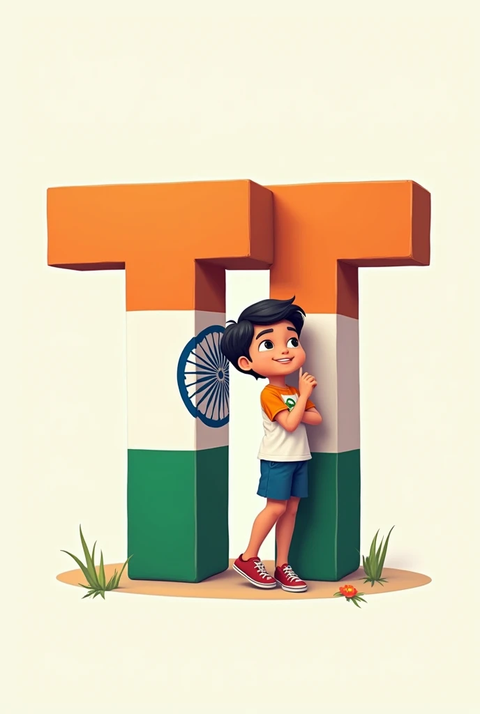 A boy leans on the letter TT printed with the Indian flag above the letter D. The boy's t-shirt has the Indian flag printed on it.