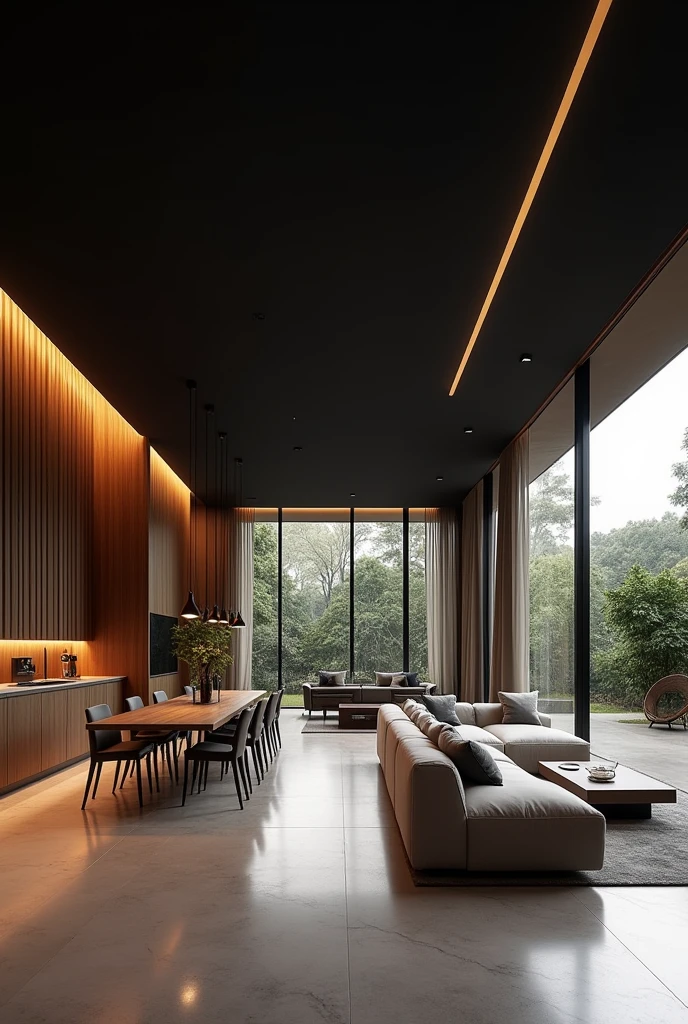 An interior image of a room, dining room and kitchen in a single space in an area of 12 meters long by 2,8 meters wide with a black ceiling and wooden columns decorated with LED lights each column. The distribution of space is as follows:
Dining room first, kitchen in the middle and at the end the living room with a TV on a 70 cm wall" and a sofa in front of the TV with 3 seats.
