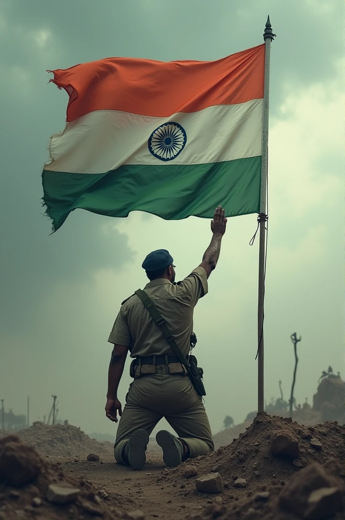 A indian soldier kneeling down and saluting his flag with proud badly injured due to the war