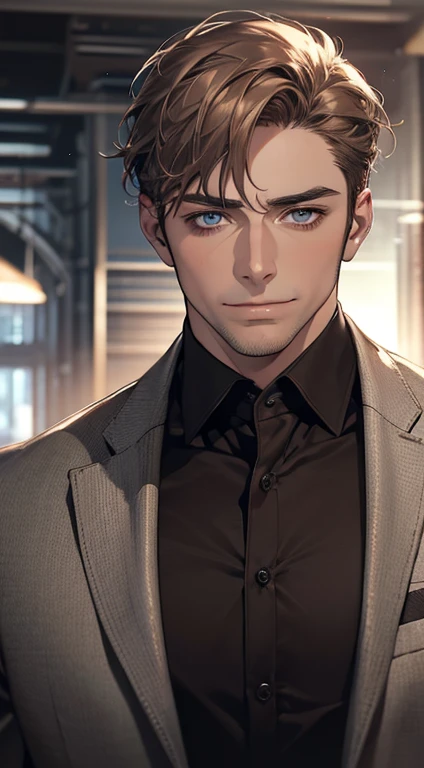 (best quality,4k,8k,highres,masterpiece:1.2),ultra-detailed,(realistic,photorealistic,photo-realistic:1.37),1 man,31 years old,mature man,very handsome,without expression,smile,short grey brown hair,blue eyes,penetrating gaze,perfect face without errors,imposing posture,businessman,office background,cinematic lighting,hdr image