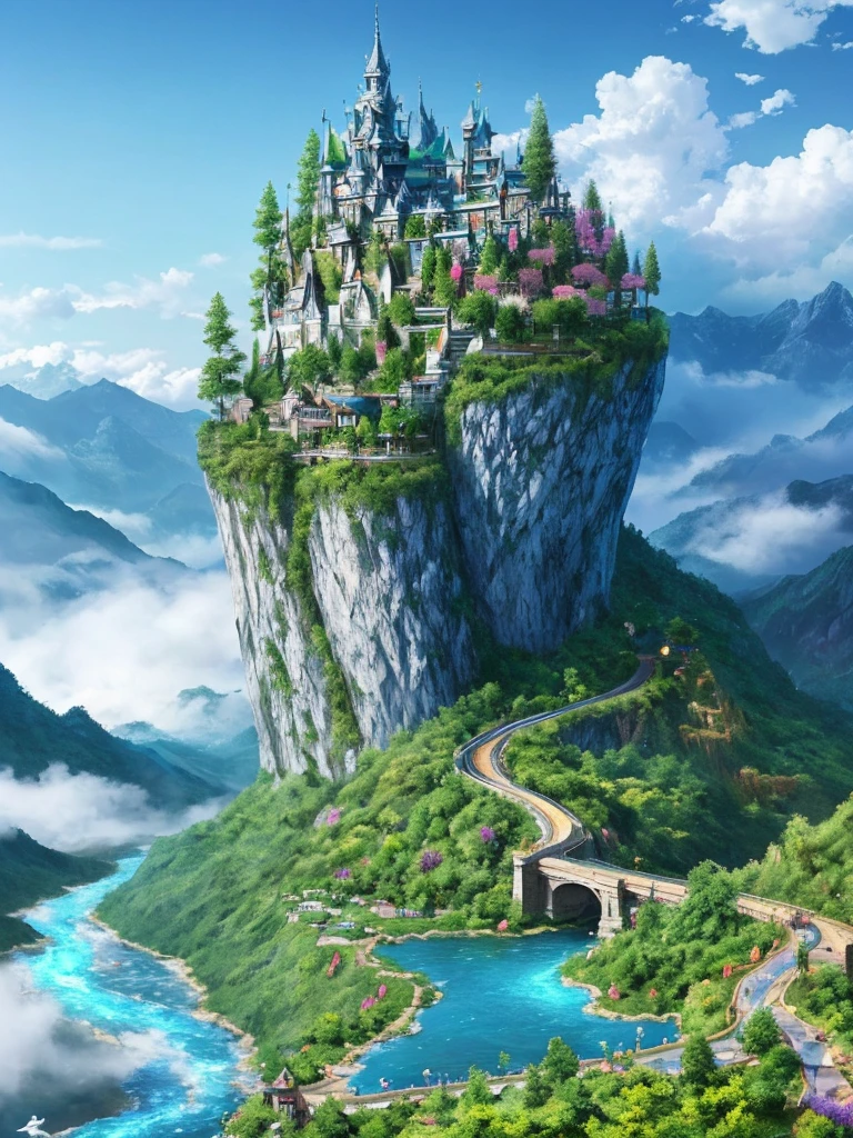 masterpiece, 最high quality, high quality,Very detailed CG unity 8k wallpaper, Enchanting and dreamy fantasy forest scenery, Seven-Colored Garden, Valley of the Fairies with a River Flowing Through It, Mysterious and fascinating, Sky Blue Sky, White dove flies, Complex, sunset, pastel colour, Award-winning photography, Written boundary depth, High resolution, bloom, chromatic aberration ,Realistic,Very detailed, White cloud, Trending on CGSociety, Complex, Attention to detail, dramatic, art：The middle of a journey