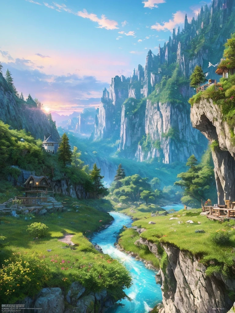 masterpiece, 最high quality, high quality,Very detailed CG unity 8k wallpaper, Enchanting and dreamy fantasy forest scenery, Seven-Colored Garden, Valley of the Fairies with a River Flowing Through It, Mysterious and fascinating, Sky Blue Sky, White dove flies, Complex, sunset, pastel colour, Award-winning photography, Written boundary depth, High resolution, bloom, chromatic aberration ,Realistic,Very detailed, White cloud, Trending on CGSociety, Complex, Attention to detail, dramatic, art:The middle of a journey