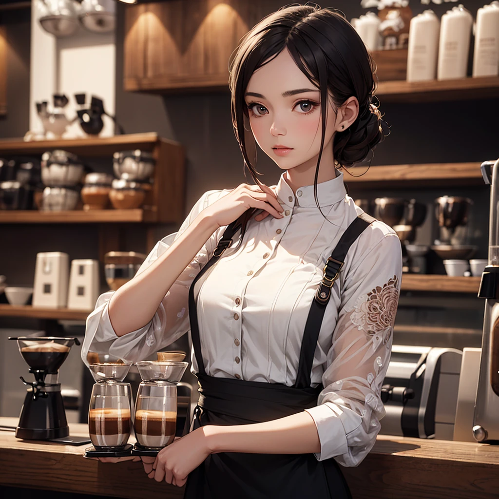 CG, Unity, 8k, wallpaper, Highest quality, masterpiece, Lovely lady, 18-year-old, (Realistic:1.2), Best lighting, Complex pupil, Intricate weaving, Detailed Background,(Barista outfit:1.5),Transparent sleeves、For battle、(Delicate clothing with intricate patterns and decorations),A composition that shows the whole body