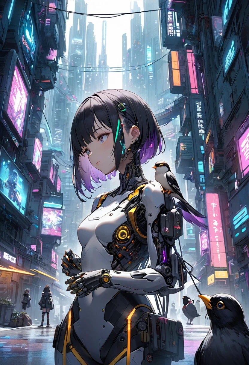 Very detailed、whole body、Petting a small bird、Cyberpunk City Park、Cyborg Girl、Medium chest、