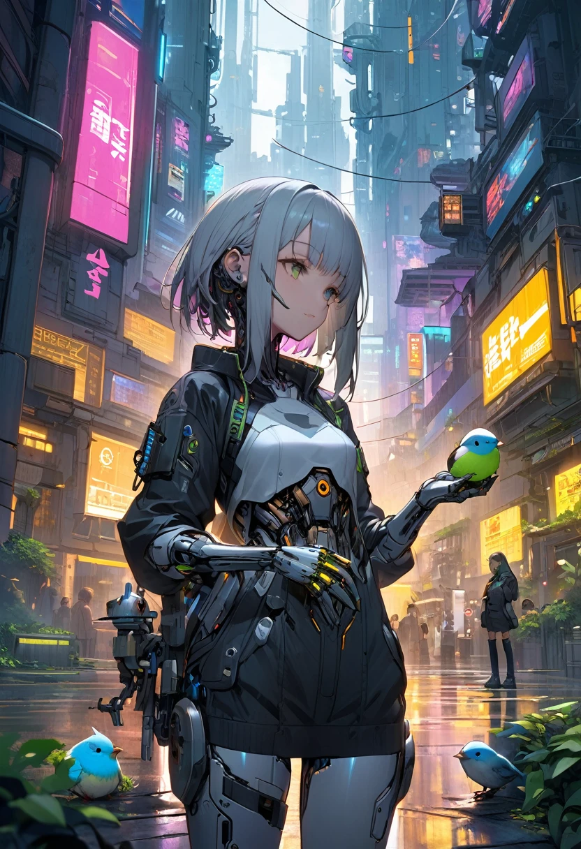 Very detailed、whole body、Petting a small bird、Cyberpunk City Park、Cyborg Girl、Medium chest、