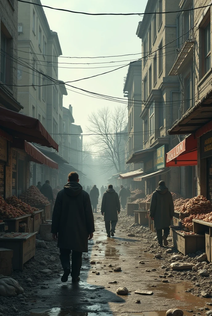 create a realistic image of devastated Ukrainian area, with few foods at absurd prices due to scarcity