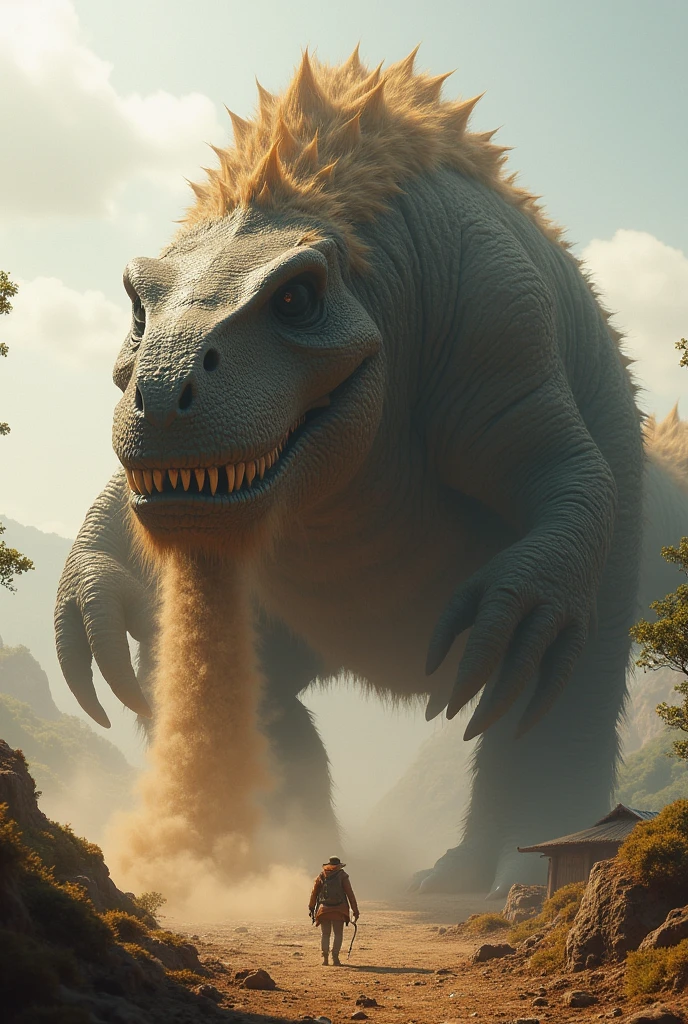 he evolved in another way, spits out bursts of dirt that he himself eats from the ground, but it is extremely large, gargantuan, approximately 10 meters tall when adult, this animal is omnivorous, but it is not recommended to go near him when he is hungry, similar to a t-Rex , smaller, with more hair, MUCH SMALLER , smaller ainda