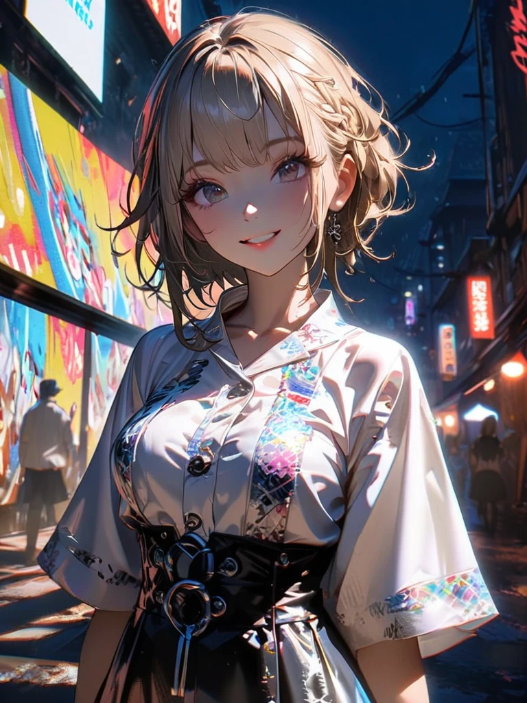 1 girl, chromatic aberration, Written boundary depth, Soft Light, masterpiece, Highest quality, complicated, Tone Mapping, A place where fireworks are set off at festivals. Concept Art, Smooth, Clear focus, Dramatic lighting, Very cinematic, super practical painting, アートステーション's trending, 8k, Incredible Shadows, practical, whole body, View, Viewers, Portrait of a Girl 1, standing on street corner, Heavy rain and lightning、Dark Sky, neon and cyber punk background, she is dressed in punk clothing with silver chains and silver spikes, Her hair was dyed light brown............Ominous aura of light, smile, punk, ciber punk, Backlight.Fashionable clothes、Friendly dress code: White yukata.My breasts are a little big