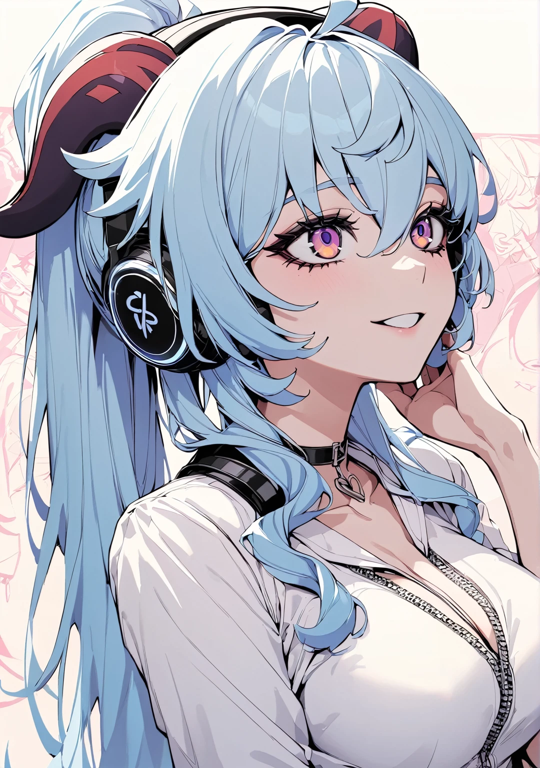 (highest quality:1.2, Very detailed, Latest, Vibrant, Super detailed, High Contrast, masterpiece:1.2, highest quality, Best aesthetics, aesthetic: 1.2), ganyu \(genshin impact\), long hair, light blue hair that ends in shades of darker blue, long ponytail, Beautiful breasts, DJ, (purple detailed eyes, Beautiful Eyes), smile, Light background , Heart-shaped choker, (Pop Art), colorful,Pink long ponytail hair, Eye of the symbol, +__+, Hip-hop costumes, listening to music on headphones, Looking up, DJ Style, Brownish horns with red engravings, turn backwards.