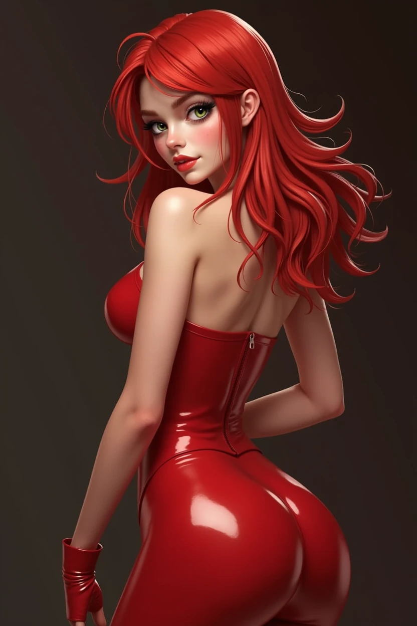 1 girl, realistic, Cutie, red head, 18+, tight, oil, shiny, very shiny, shiny, latex, latex, latex, looking back, green eyes, provocative pose, inviting