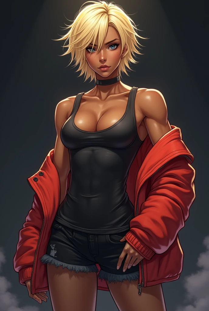 Anime drawings and full-body drawings、Dark skinned、Slim and muscular, wearing a tank top and a red jacket, blonde hair