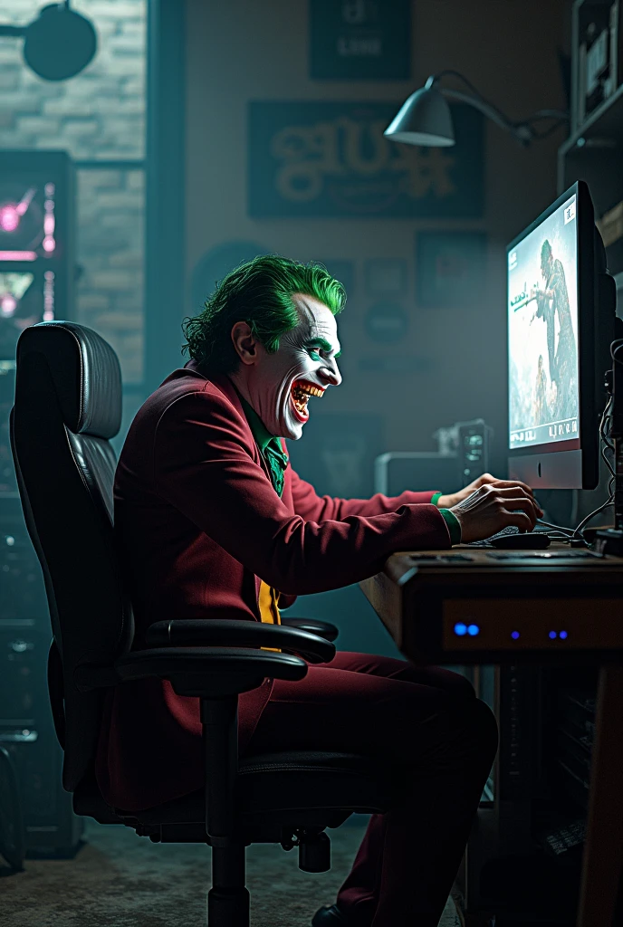 Joker sitting and laughing looking at the monitor of a gaming PC with a position that has a better view of the monitor