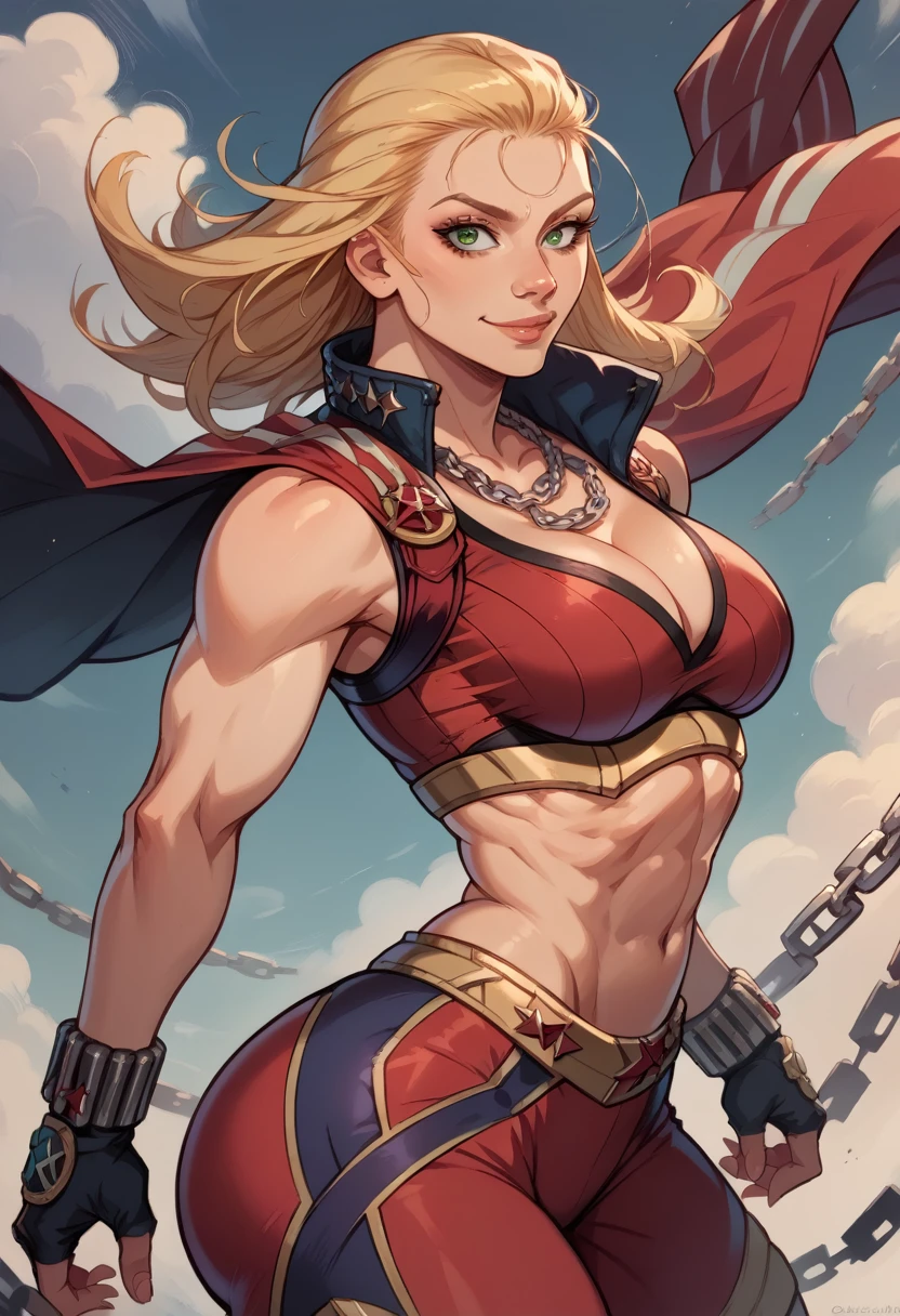 Cathleen Bate, blonde hair, blunt bangs, makeup, green eyes, soft smile, upper body, solo, fit toned body, wide curvy hips, big ass, blackwidow outfit from marvel universe, fingerless gloves, striped sports bra, red spandex shorts, big chain necklace, biker shorts, (insanely detailed, beautiful detailed face, masterpiece, best quality), front view,