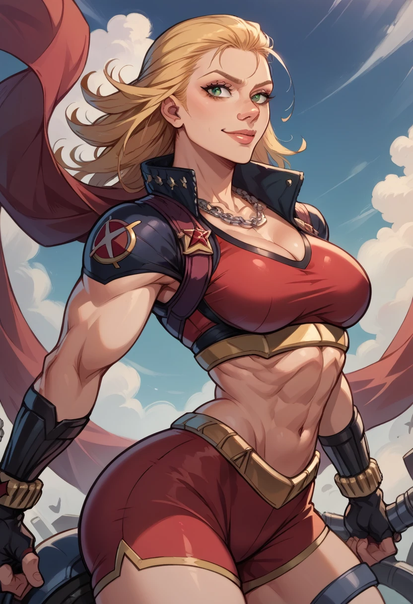 Cathleen Bate, blonde hair, blunt bangs, makeup, green eyes, soft smile, upper body, solo, fit toned body, wide curvy hips, big ass, blackwidow outfit from marvel universe, fingerless gloves, striped sports bra, red spandex shorts, big chain necklace, biker shorts, (insanely detailed, beautiful detailed face, masterpiece, best quality), front view,